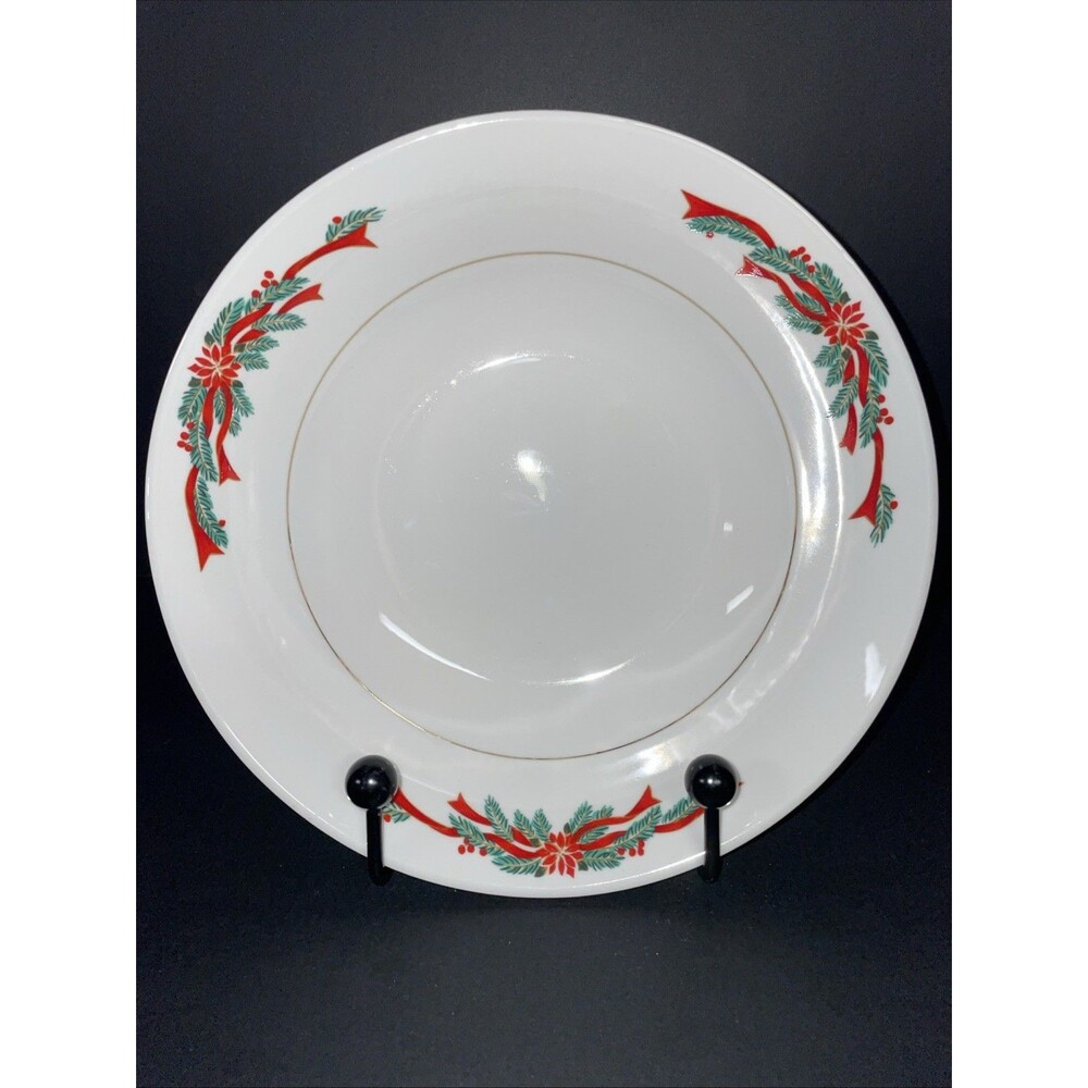 Tienshan Poinsettia & Ribbons Round Serving Bowl 9" Christmas Holiday
